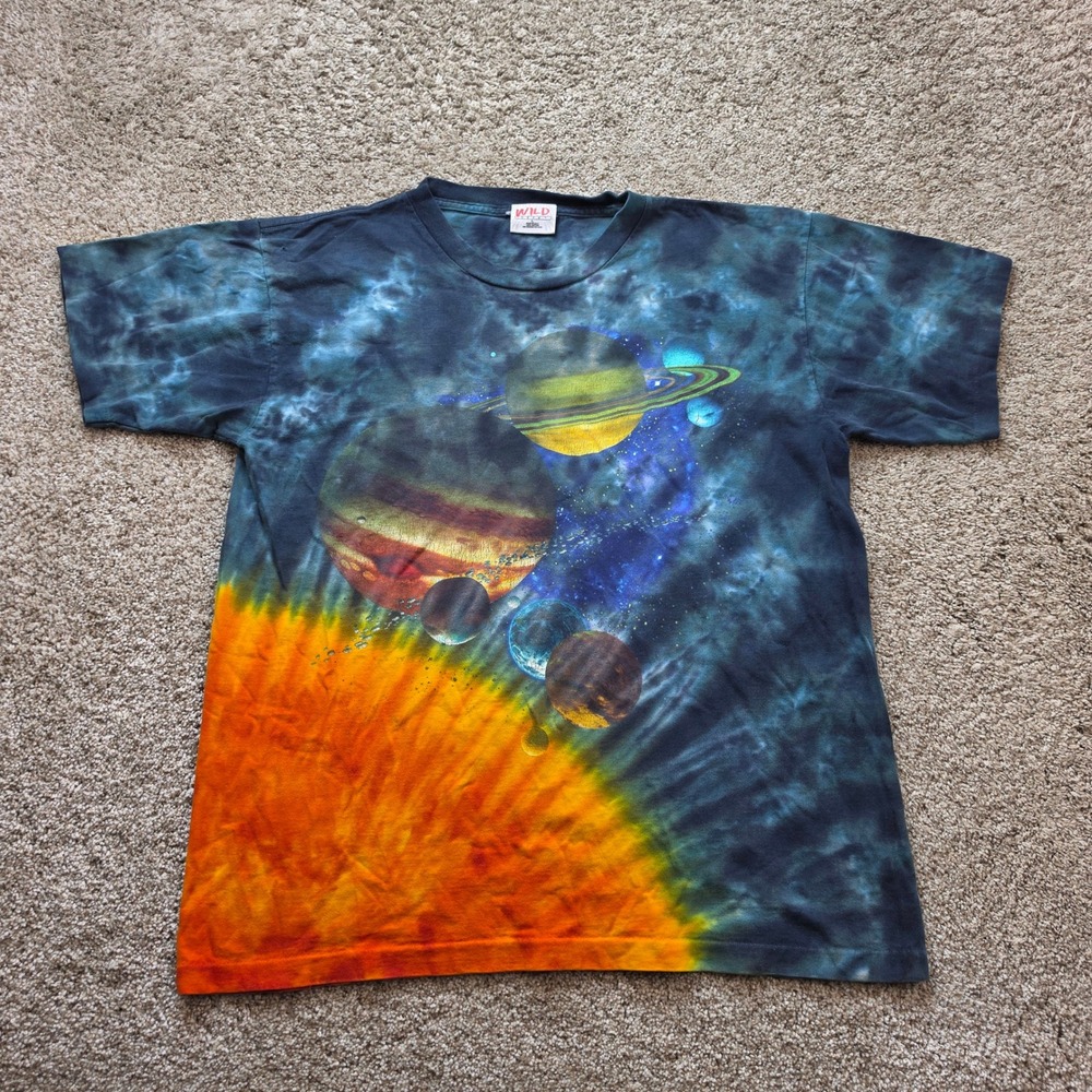 VINTAGE Wild Gear Solar System Space Planets Tie Dye T-Shirt Mens Large 90s USA